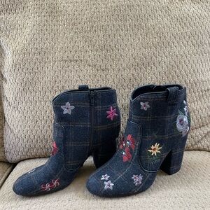 Indigo Rd. Plaid Floral Embroidered Ankle Boots